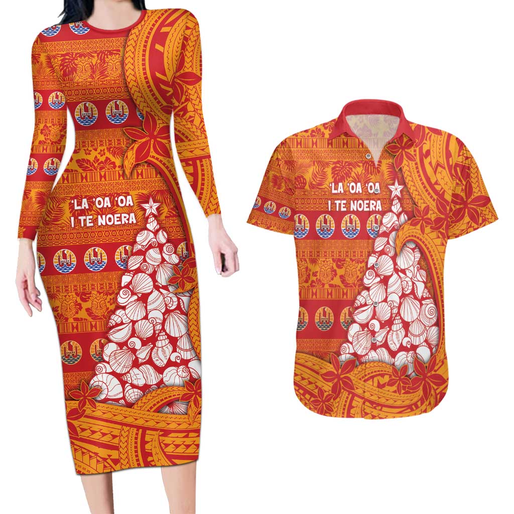 French Polynesia Christmas Couples Matching Long Sleeve Bodycon Dress and Hawaiian Shirt Seashell Xmas Tree Tribal Waves - Polynesian Pride