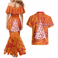 French Polynesia Christmas Couples Matching Mermaid Dress and Hawaiian Shirt Seashell Xmas Tree Tribal Waves - Polynesian Pride