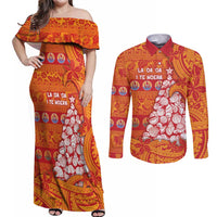 French Polynesia Christmas Couples Matching Off Shoulder Maxi Dress and Long Sleeve Button Shirt Seashell Xmas Tree Tribal Waves - Polynesian Pride