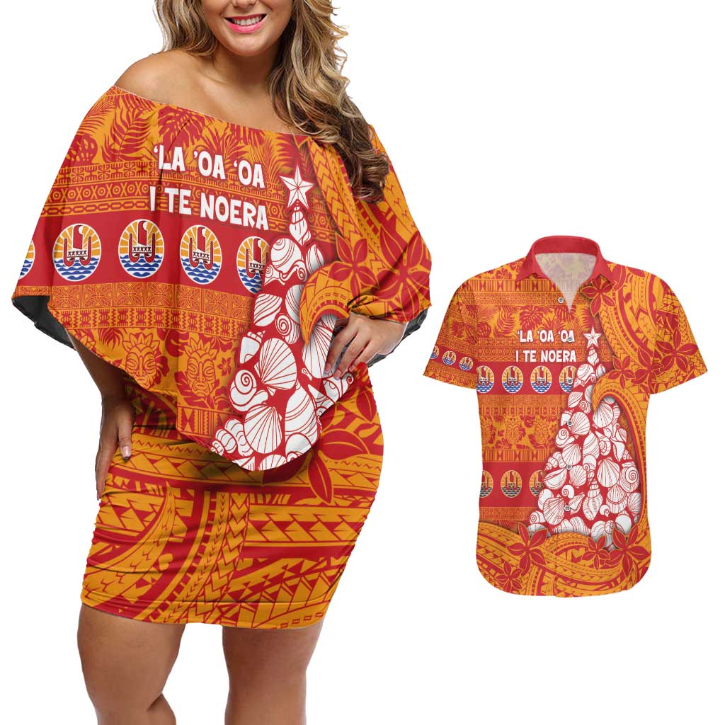 French Polynesia Christmas Couples Matching Off Shoulder Short Dress and Hawaiian Shirt Seashell Xmas Tree Tribal Waves - Polynesian Pride