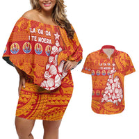 French Polynesia Christmas Couples Matching Off Shoulder Short Dress and Hawaiian Shirt Seashell Xmas Tree Tribal Waves - Polynesian Pride