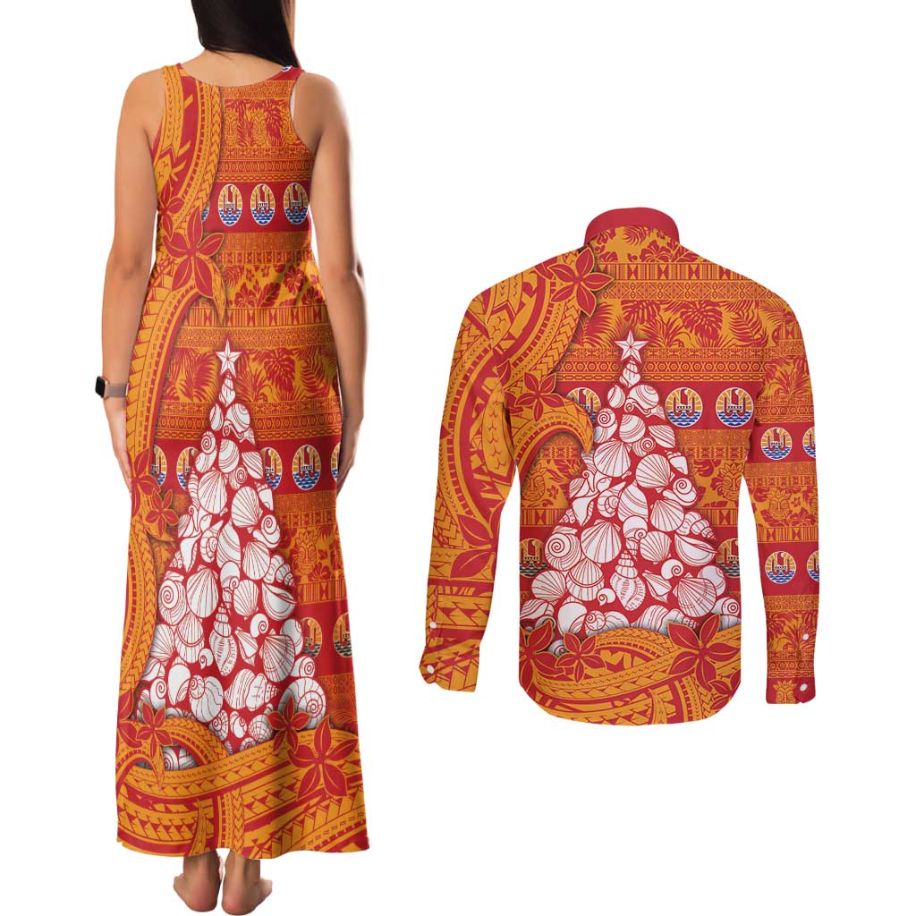 French Polynesia Christmas Couples Matching Tank Maxi Dress and Long Sleeve Button Shirt Seashell Xmas Tree Tribal Waves - Polynesian Pride