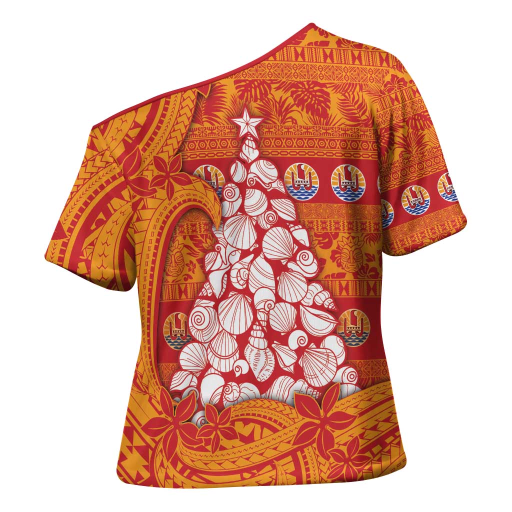 French Polynesia Christmas Cross Shoulder Shirt Seashell Xmas Tree Tribal Waves - Polynesian Pride