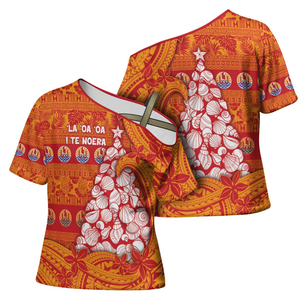 French Polynesia Christmas Cross Shoulder Shirt Seashell Xmas Tree Tribal Waves - Polynesian Pride