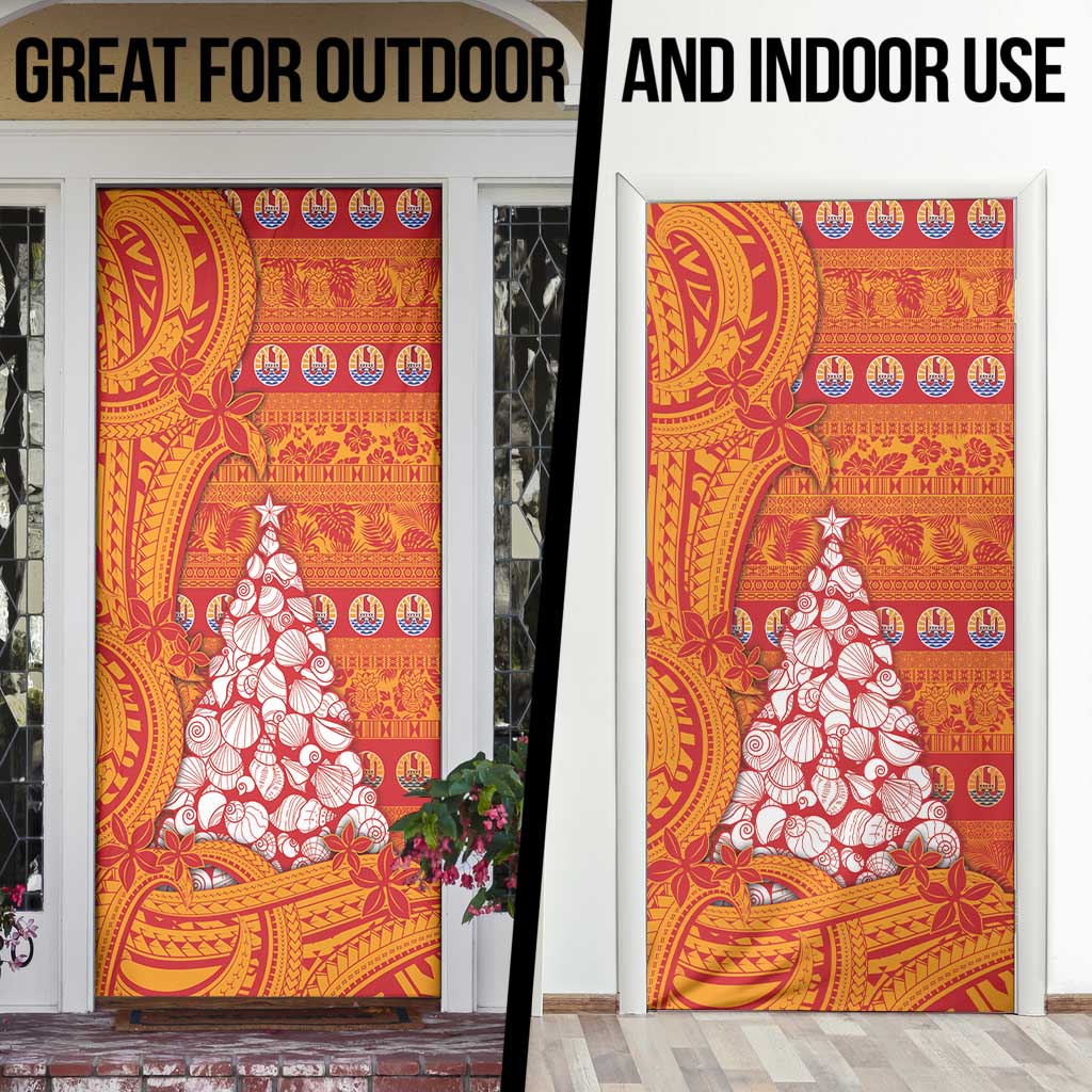 French Polynesia Christmas Door Cover Seashell Xmas Tree Tribal Waves - Polynesian Pride