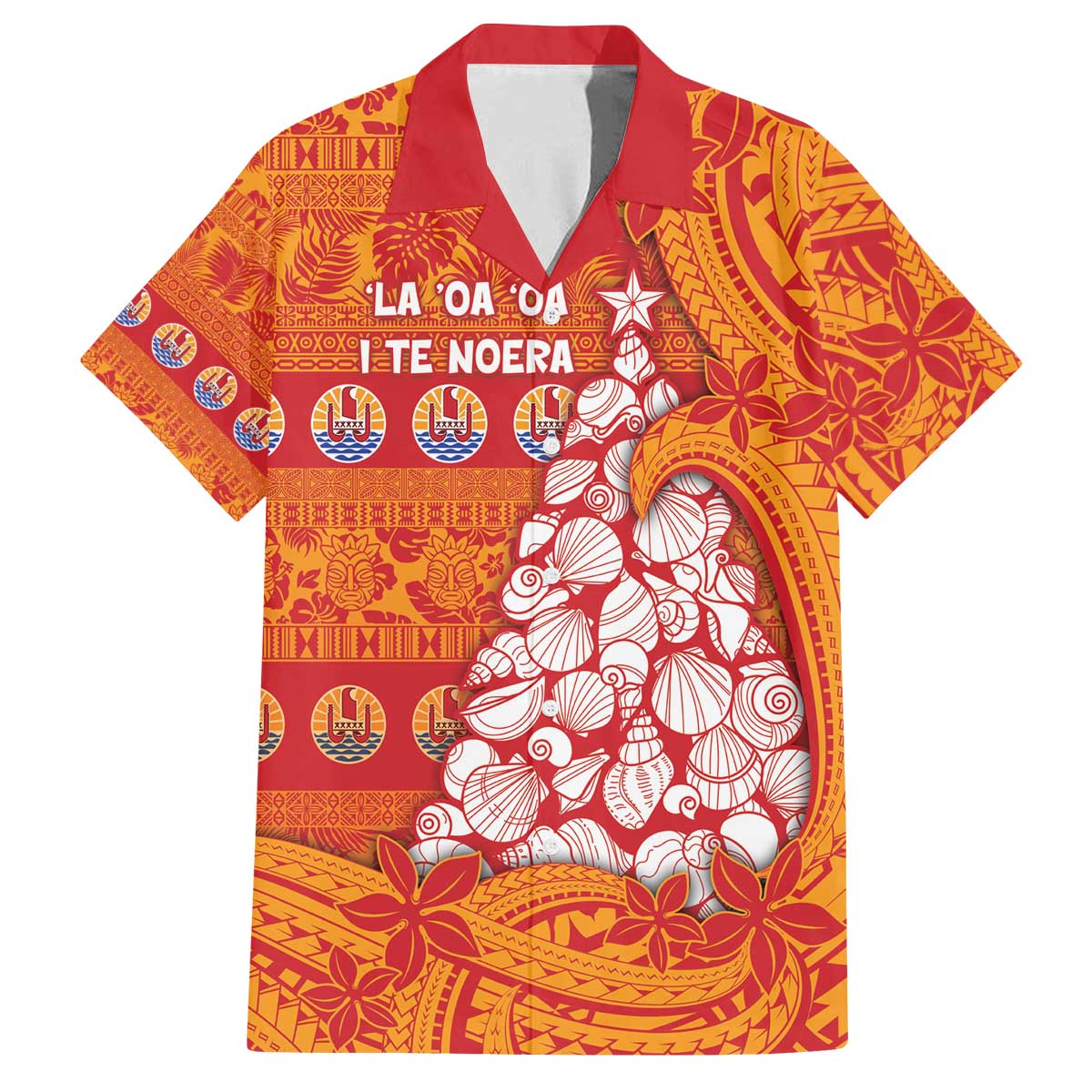 French Polynesia Christmas Family Matching Off The Shoulder Long Sleeve Dress and Hawaiian Shirt Seashell Xmas Tree Tribal Waves - Polynesian Pride