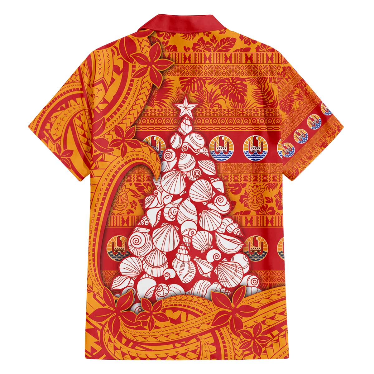 French Polynesia Christmas Family Matching Off The Shoulder Long Sleeve Dress and Hawaiian Shirt Seashell Xmas Tree Tribal Waves - Polynesian Pride