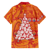 French Polynesia Christmas Family Matching Off Shoulder Short Dress and Hawaiian Shirt Seashell Xmas Tree Tribal Waves - Polynesian Pride