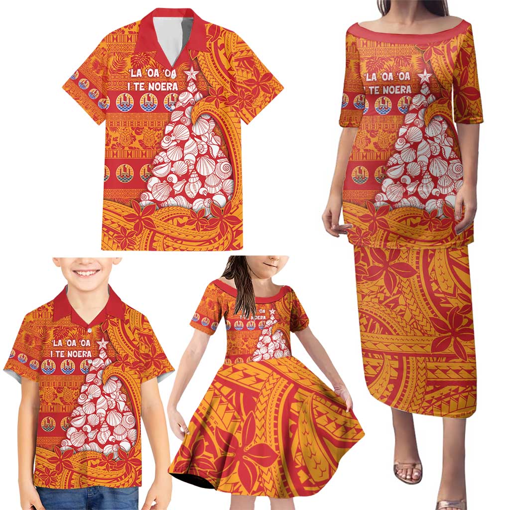 French Polynesia Christmas Family Matching Puletasi and Hawaiian Shirt Seashell Xmas Tree Tribal Waves - Polynesian Pride