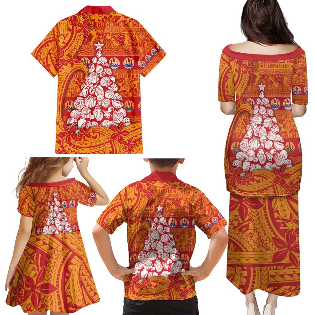 French Polynesia Christmas Family Matching Puletasi and Hawaiian Shirt Seashell Xmas Tree Tribal Waves - Polynesian Pride