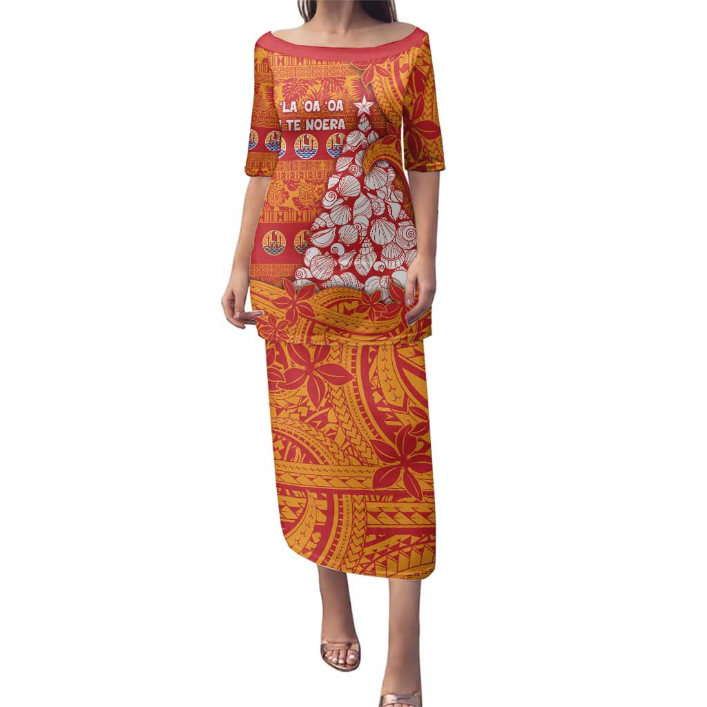 French Polynesia Christmas Family Matching Puletasi and Hawaiian Shirt Seashell Xmas Tree Tribal Waves - Polynesian Pride