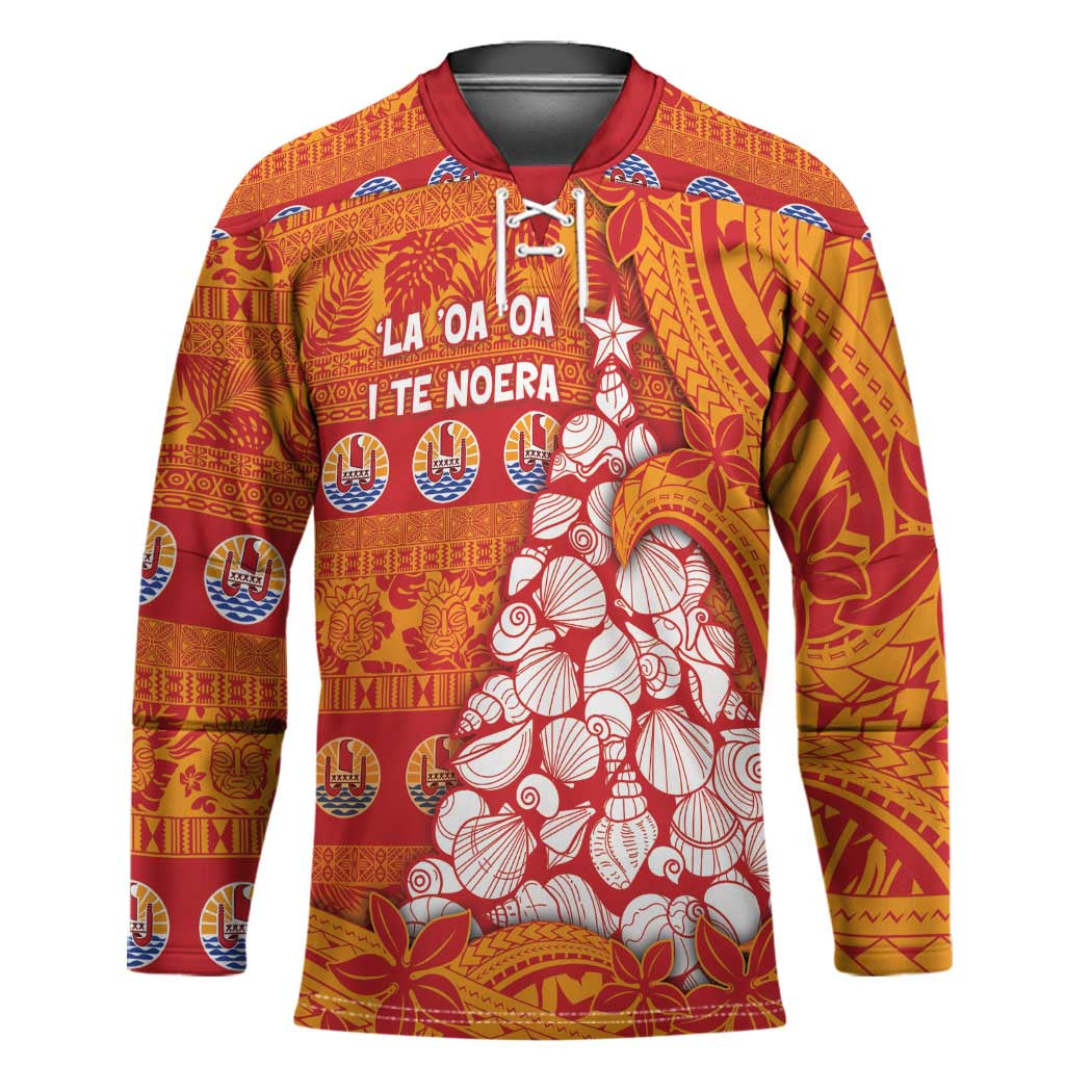 French Polynesia Christmas Hockey Jersey Seashell Xmas Tree Tribal Waves - Polynesian Pride