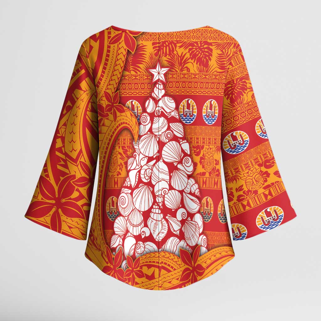 French Polynesia Christmas Kimono Sleeve Blouse Seashell Xmas Tree Tribal Waves - Polynesian Pride
