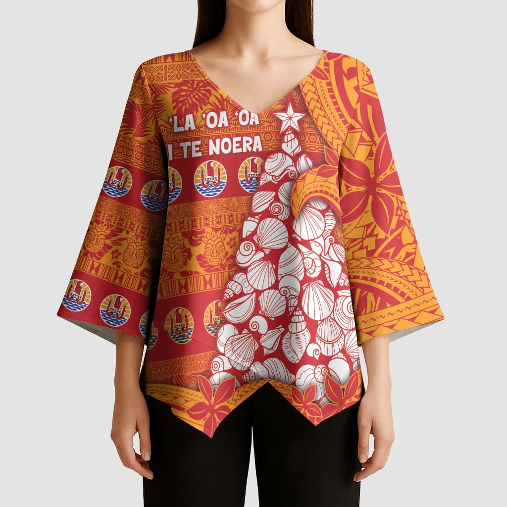 French Polynesia Christmas Kimono Sleeve Blouse Seashell Xmas Tree Tribal Waves - Polynesian Pride