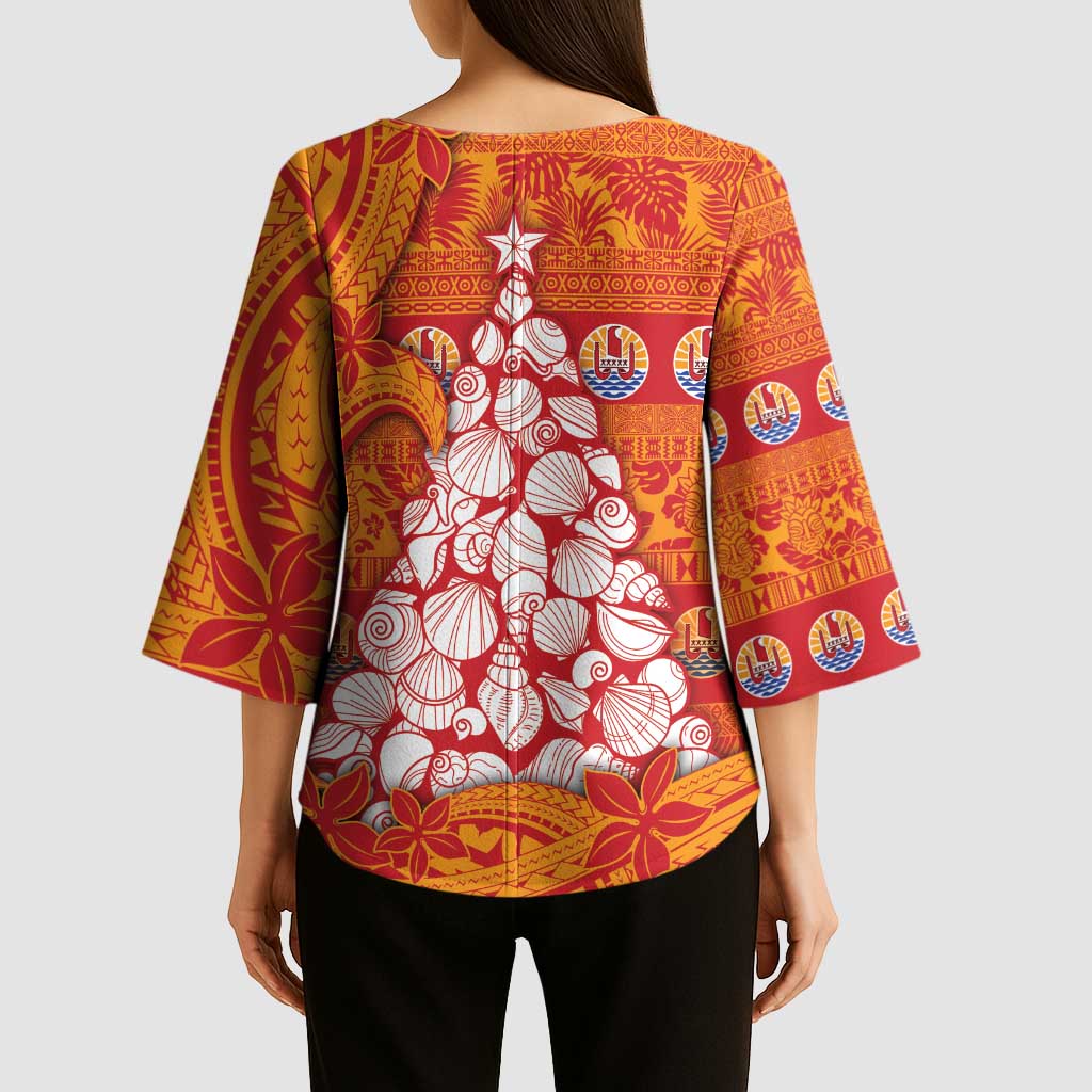 French Polynesia Christmas Kimono Sleeve Blouse Seashell Xmas Tree Tribal Waves - Polynesian Pride