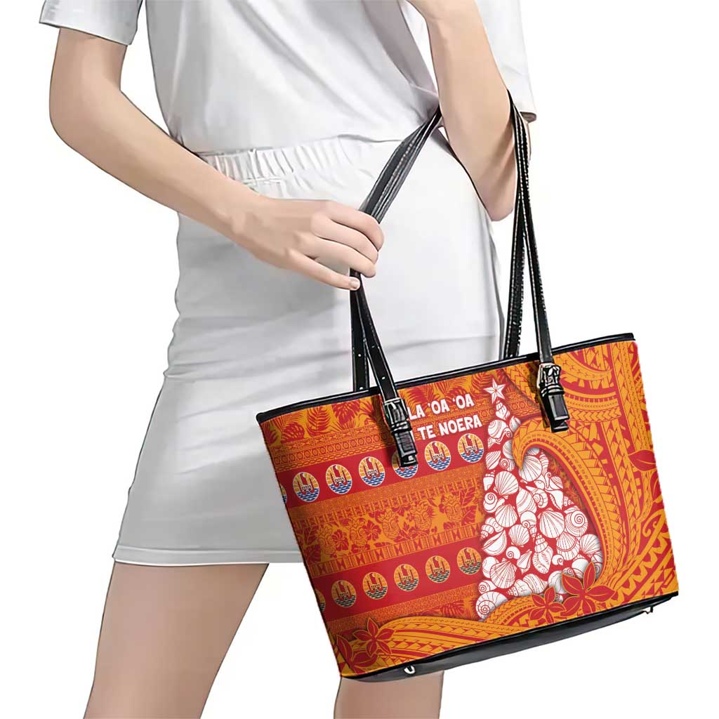 French Polynesia Christmas Leather Tote Bag Seashell Xmas Tree Tribal Waves - Polynesian Pride