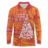 French Polynesia Christmas Long Sleeve Polo Shirt Seashell Xmas Tree Tribal Waves - Polynesian Pride