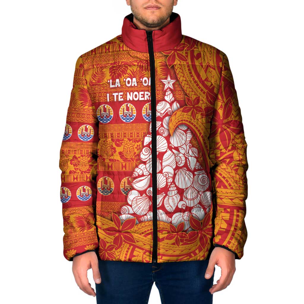 French Polynesia Christmas Padded Jacket Seashell Xmas Tree Tribal Waves - Polynesian Pride