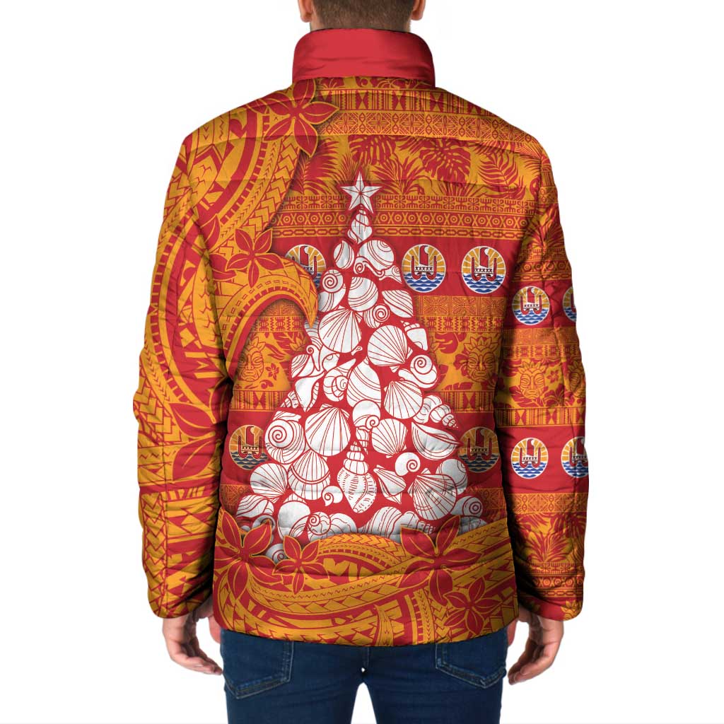 French Polynesia Christmas Padded Jacket Seashell Xmas Tree Tribal Waves - Polynesian Pride