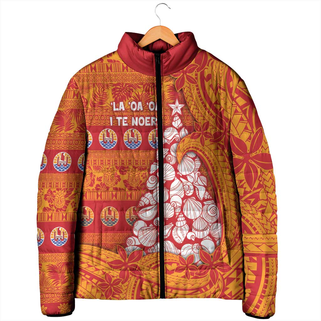 French Polynesia Christmas Padded Jacket Seashell Xmas Tree Tribal Waves - Polynesian Pride