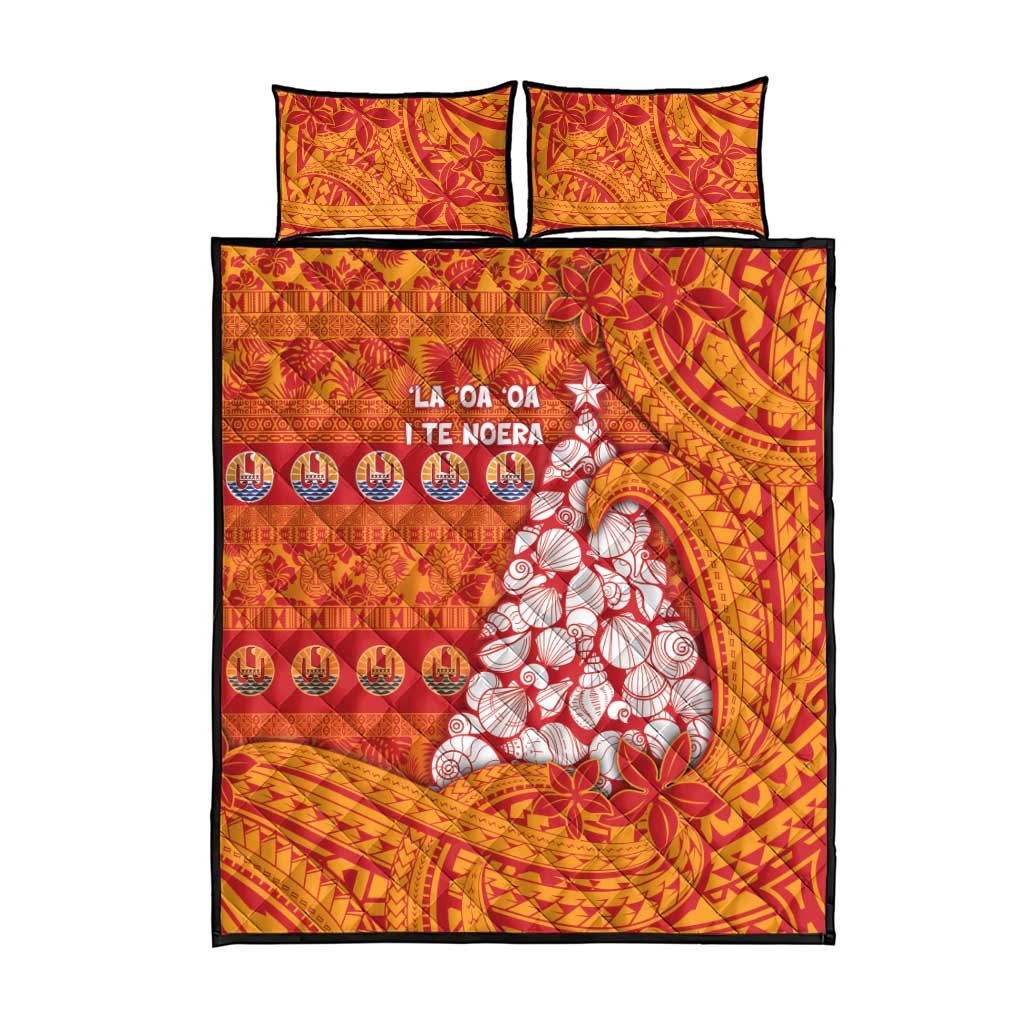 French Polynesia Christmas Quilt Bed Set Seashell Xmas Tree Tribal Waves - Polynesian Pride