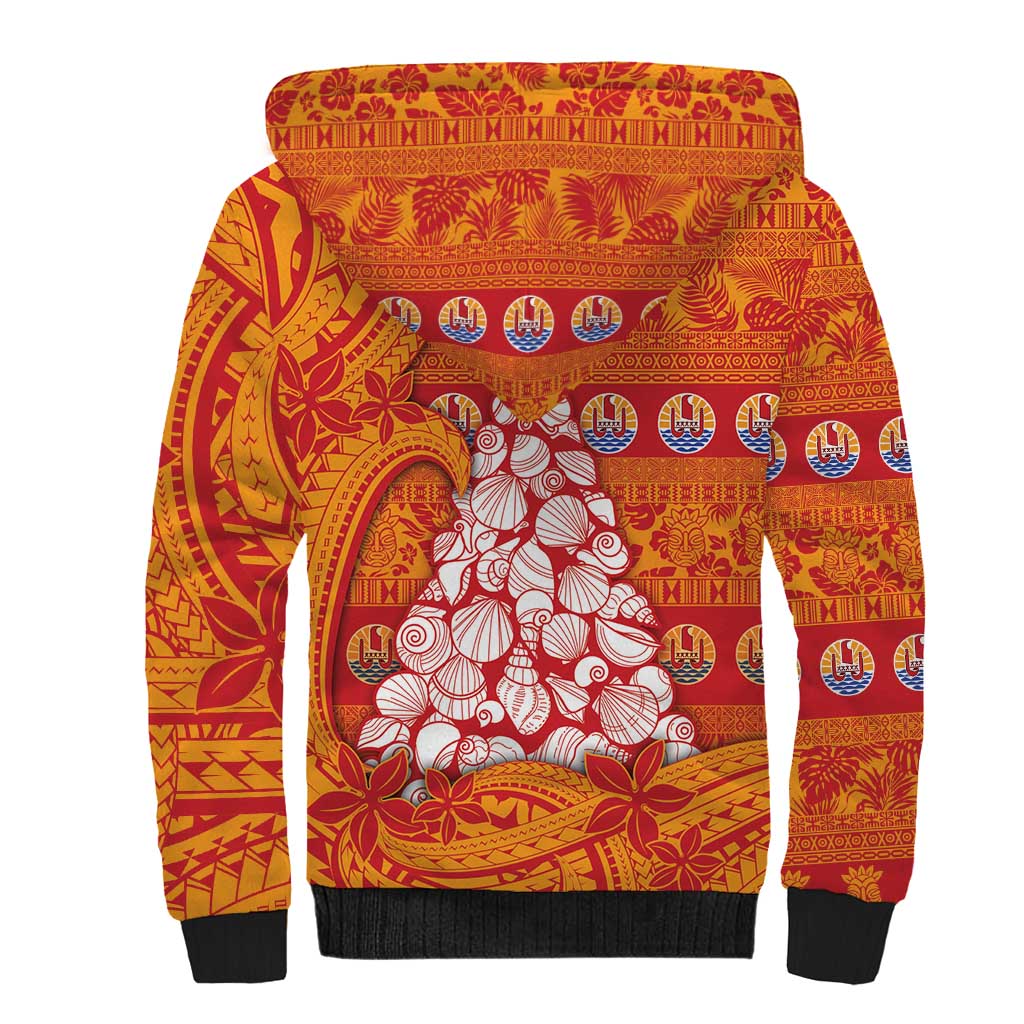 French Polynesia Christmas Sherpa Hoodie Seashell Xmas Tree Tribal Waves - Polynesian Pride