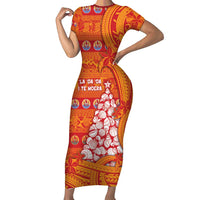 French Polynesia Christmas Short Sleeve Bodycon Dress Seashell Xmas Tree Tribal Waves - Polynesian Pride