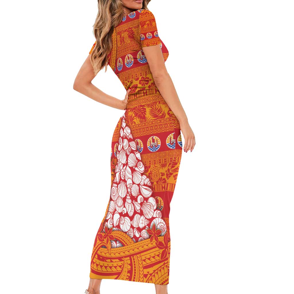 French Polynesia Christmas Short Sleeve Bodycon Dress Seashell Xmas Tree Tribal Waves - Polynesian Pride