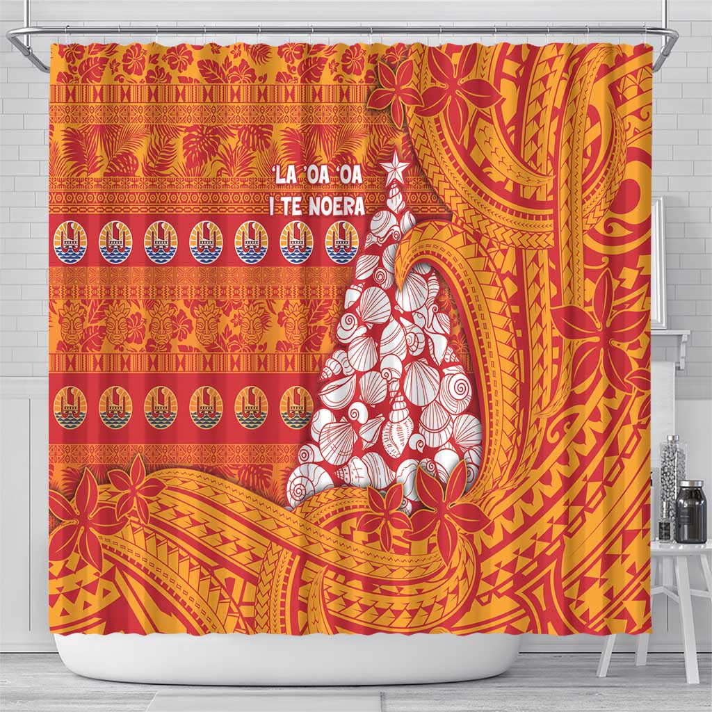 French Polynesia Christmas Shower Curtain Seashell Xmas Tree Tribal Waves - Polynesian Pride