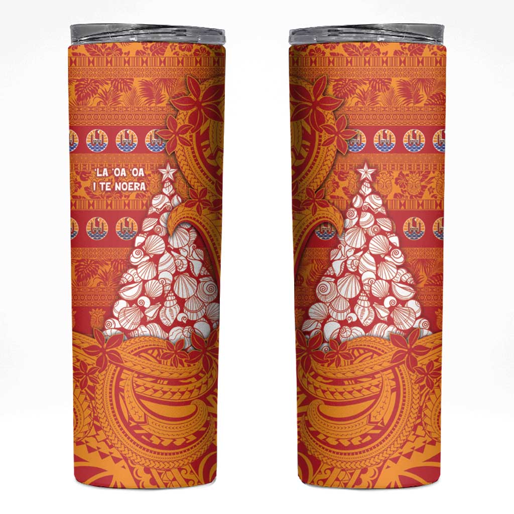 French Polynesia Christmas Skinny Tumbler Seashell Xmas Tree Tribal Waves - Polynesian Pride