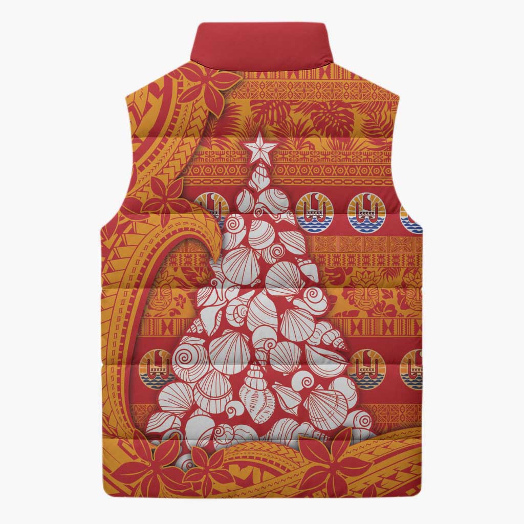 French Polynesia Christmas Sleeveless Puffer Jacket Seashell Xmas Tree Tribal Waves - Polynesian Pride