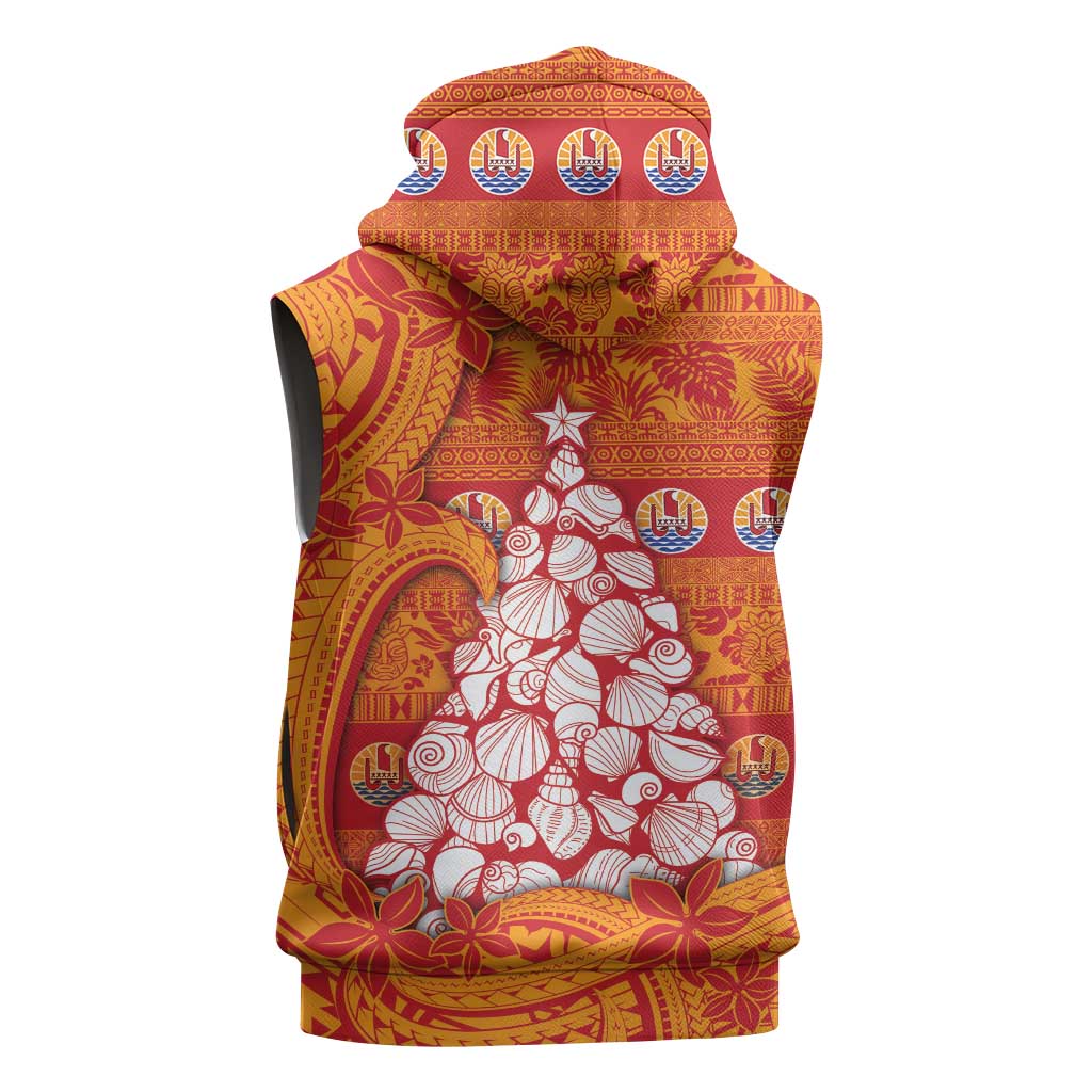 French Polynesia Christmas Sleeveless Zip Hoodie Seashell Xmas Tree Tribal Waves - Polynesian Pride