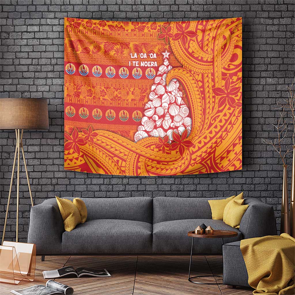 French Polynesia Christmas Tapestry Seashell Xmas Tree Tribal Waves - Polynesian Pride