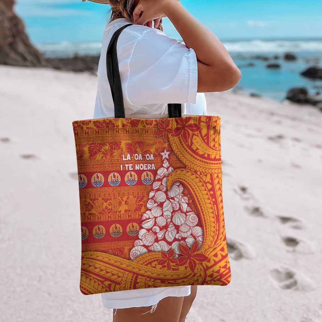 French Polynesia Christmas Tote Bag Seashell Xmas Tree Tribal Waves - Polynesian Pride
