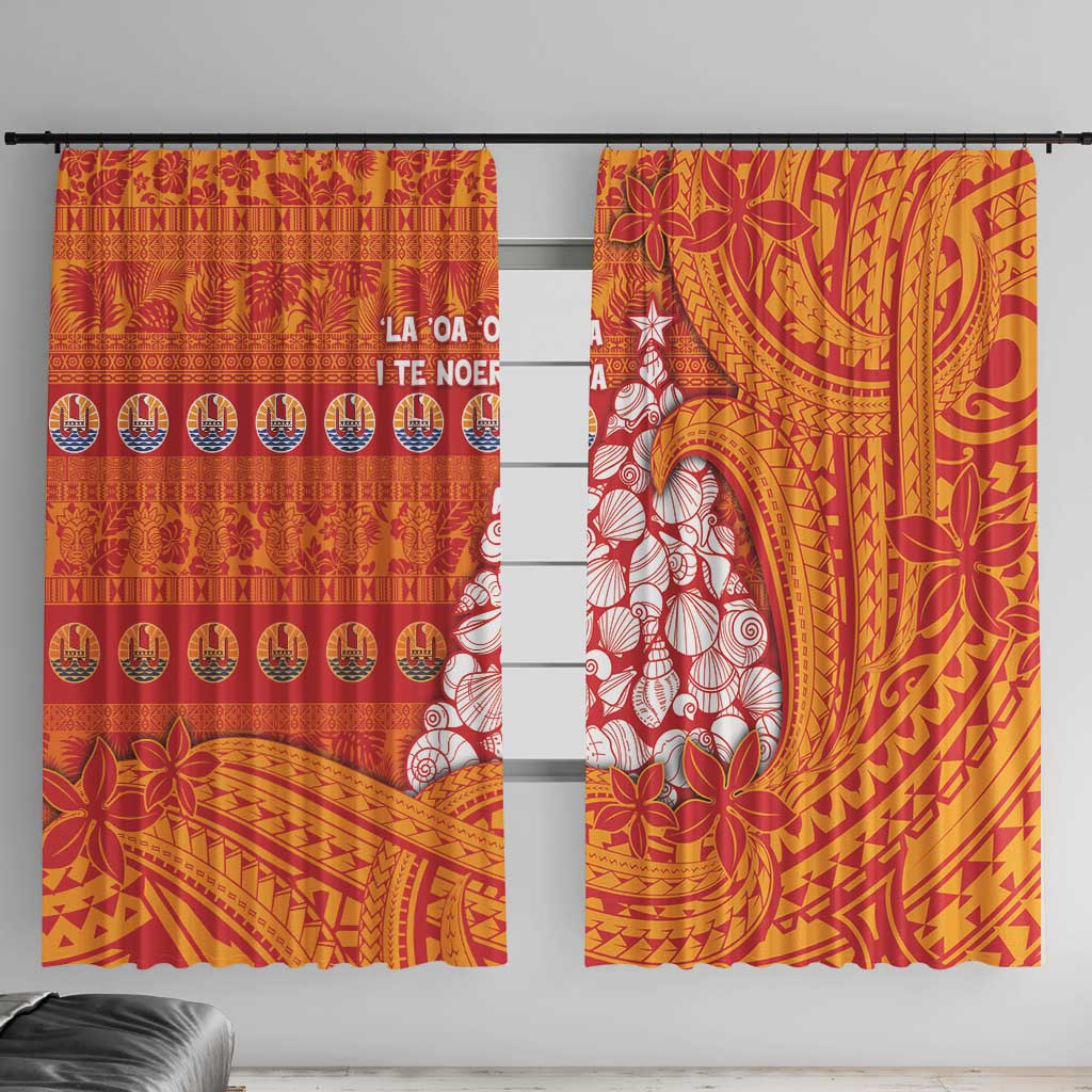 French Polynesia Christmas Window Curtain Seashell Xmas Tree Tribal Waves - Polynesian Pride
