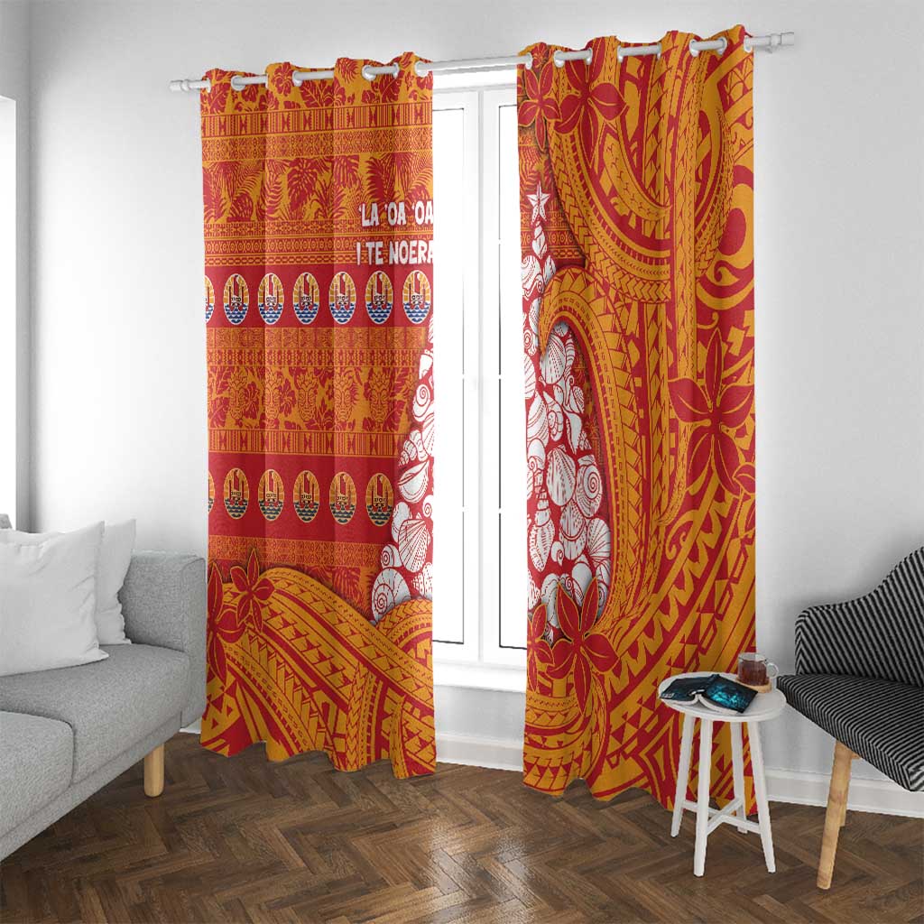 French Polynesia Christmas Window Curtain Seashell Xmas Tree Tribal Waves - Polynesian Pride