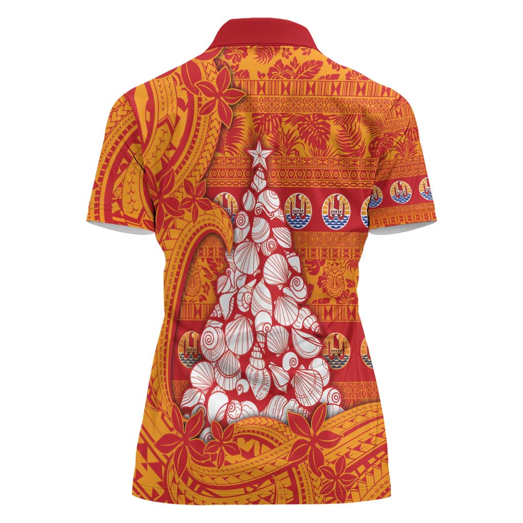 French Polynesia Christmas Women Polo Shirt Seashell Xmas Tree Tribal Waves - Polynesian Pride