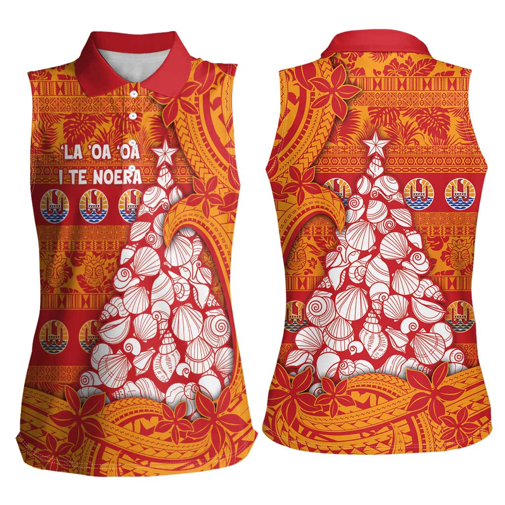 French Polynesia Christmas Women Sleeveless Polo Shirt Seashell Xmas Tree Tribal Waves - Polynesian Pride