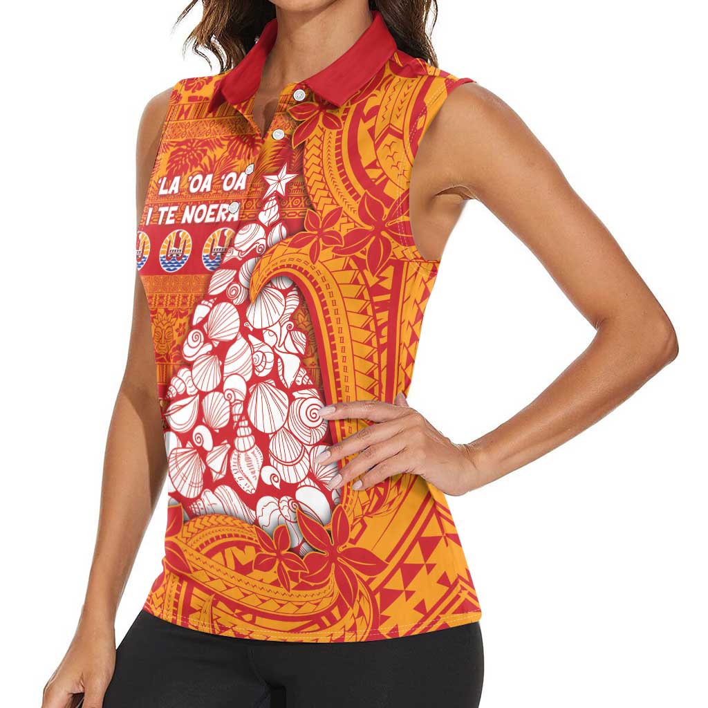 French Polynesia Christmas Women Sleeveless Polo Shirt Seashell Xmas Tree Tribal Waves - Polynesian Pride