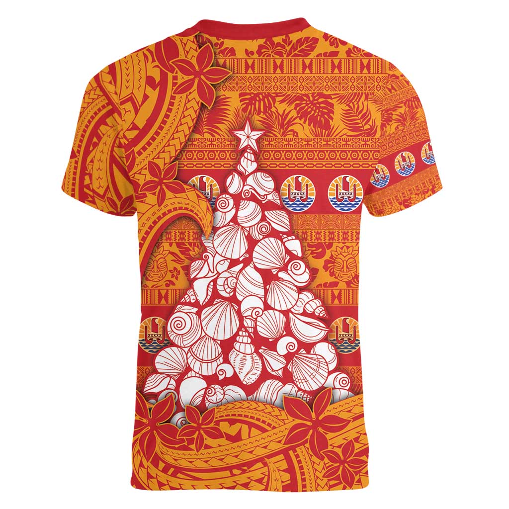 French Polynesia Christmas Women V-Neck T-Shirt Seashell Xmas Tree Tribal Waves - Polynesian Pride