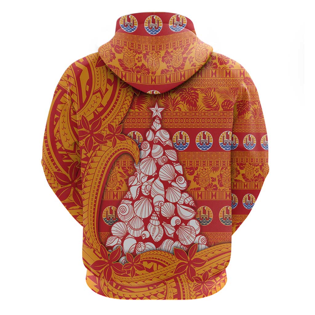 French Polynesia Christmas Zip Hoodie Seashell Xmas Tree Tribal Waves - Polynesian Pride