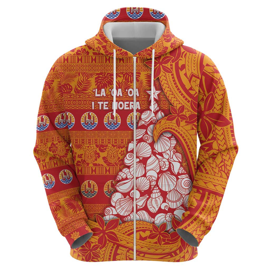 French Polynesia Christmas Zip Hoodie Seashell Xmas Tree Tribal Waves - Polynesian Pride
