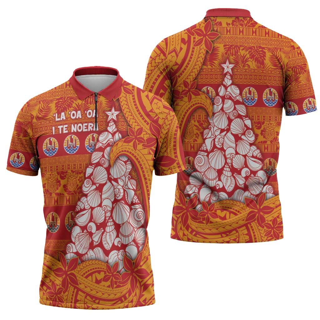 French Polynesia Christmas Zipper Polo Shirt Seashell Xmas Tree Tribal Waves - Polynesian Pride