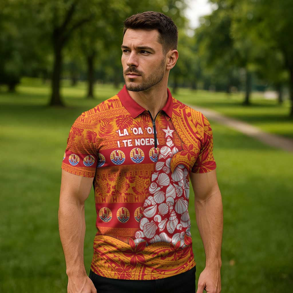 French Polynesia Christmas Zipper Polo Shirt Seashell Xmas Tree Tribal Waves - Polynesian Pride