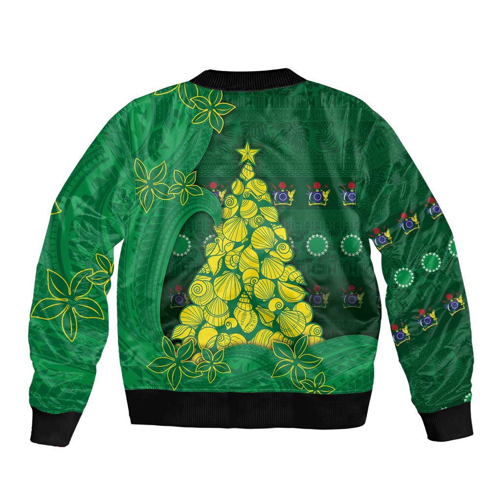 Cook Islands Christmas Bomber Jacket Seashell Xmas Tree Tribal Waves - Polynesian Pride