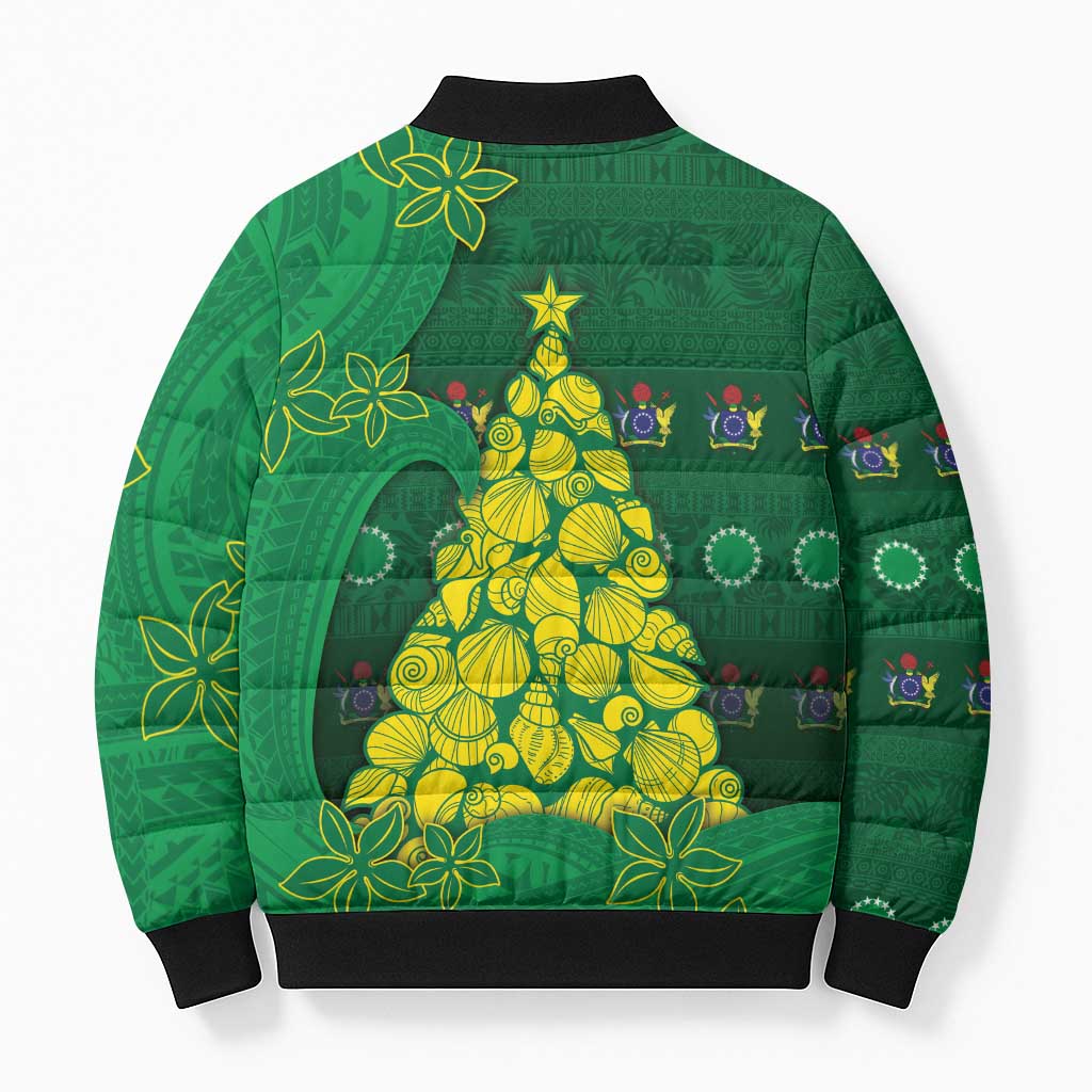 Cook Islands Christmas Bomber Puffer Jacket Seashell Xmas Tree Tribal Waves - Polynesian Pride