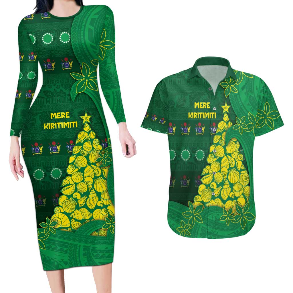 Cook Islands Christmas Couples Matching Long Sleeve Bodycon Dress and Hawaiian Shirt Seashell Xmas Tree Tribal Waves - Polynesian Pride