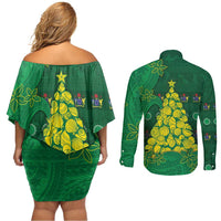 Cook Islands Christmas Couples Matching Off Shoulder Short Dress and Long Sleeve Button Shirt Seashell Xmas Tree Tribal Waves - Polynesian Pride