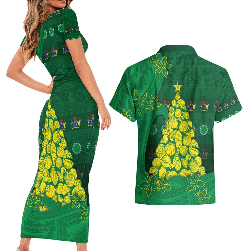 Cook Islands Christmas Couples Matching Short Sleeve Bodycon Dress and Hawaiian Shirt Seashell Xmas Tree Tribal Waves - Polynesian Pride