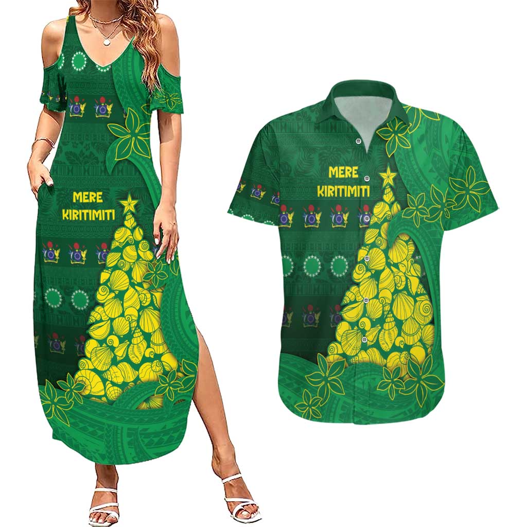 Cook Islands Christmas Couples Matching Summer Maxi Dress and Hawaiian Shirt Seashell Xmas Tree Tribal Waves - Polynesian Pride